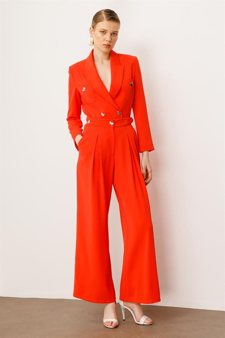 Modailgi  Kemeri Apoletli Yandan Cepli Plikaşeli Pantolon - 7069 Mercan