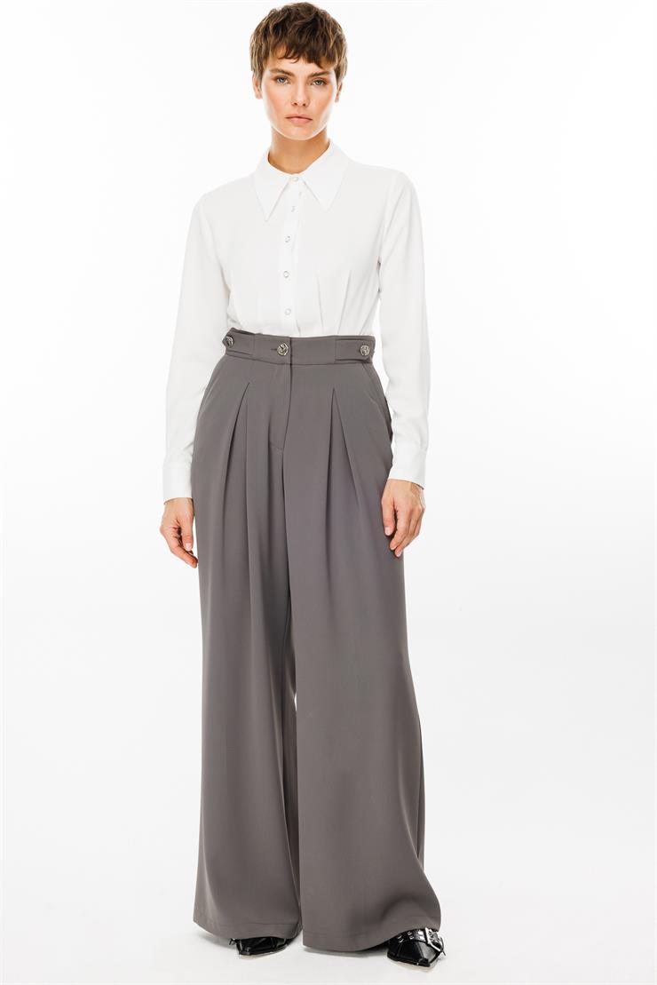 Modailgi  Kemeri Apoletli Yandan Cepli Plikaşeli Pantolon - 7069 Gri