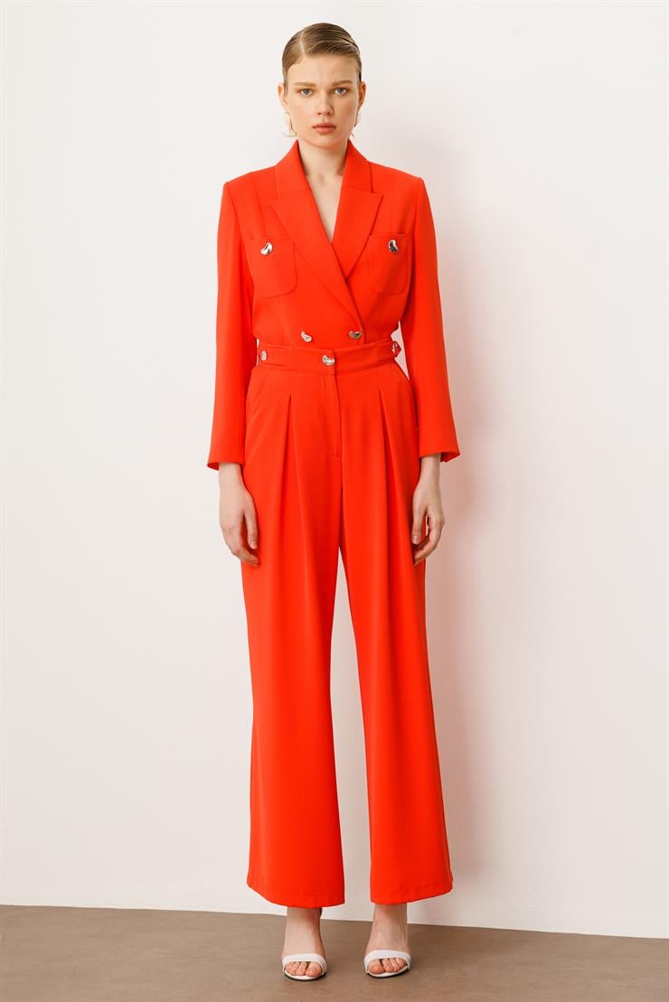 Modailgi  Kemeri Apoletli Yandan Cepli Plikaşeli Pantolon - 7069 Mercan