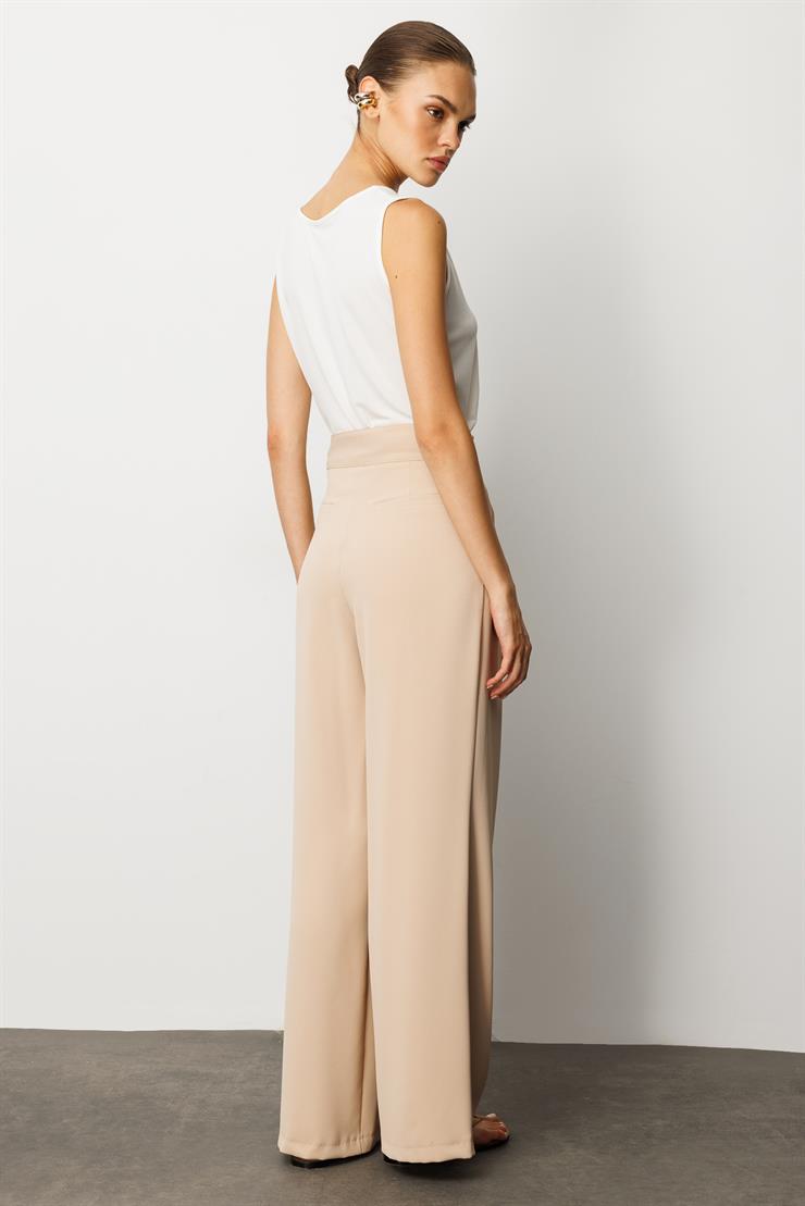 Modailgi  Kemeri Apoletli Yandan Cepli Plikaşeli Pantolon - 7069 Taş