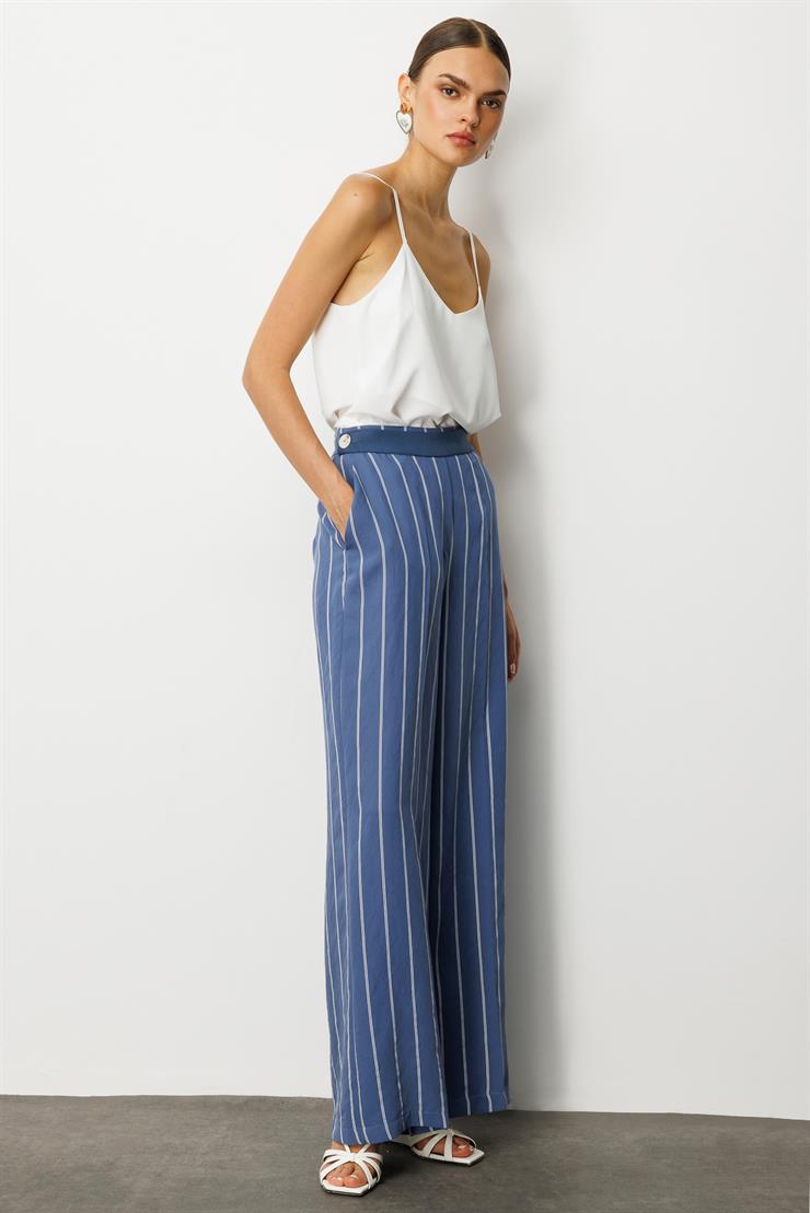 Modailgi  Kemeri Düğme Detaylı Yandan Cepli Bol Kesim Çizgili Pantolon - 71003 İndigo
