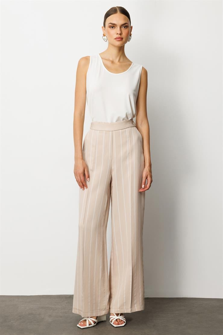 Modailgi  Kemeri Düğme Detaylı Yandan Cepli Bol Kesim Çizgili Pantolon - 71003 Taş