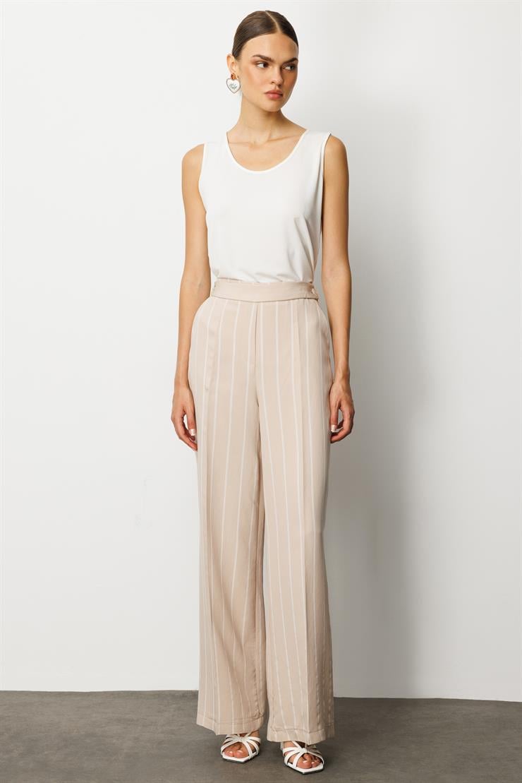 Modailgi  Kemeri Düğme Detaylı Yandan Cepli Bol Kesim Çizgili Pantolon - 71003 Taş