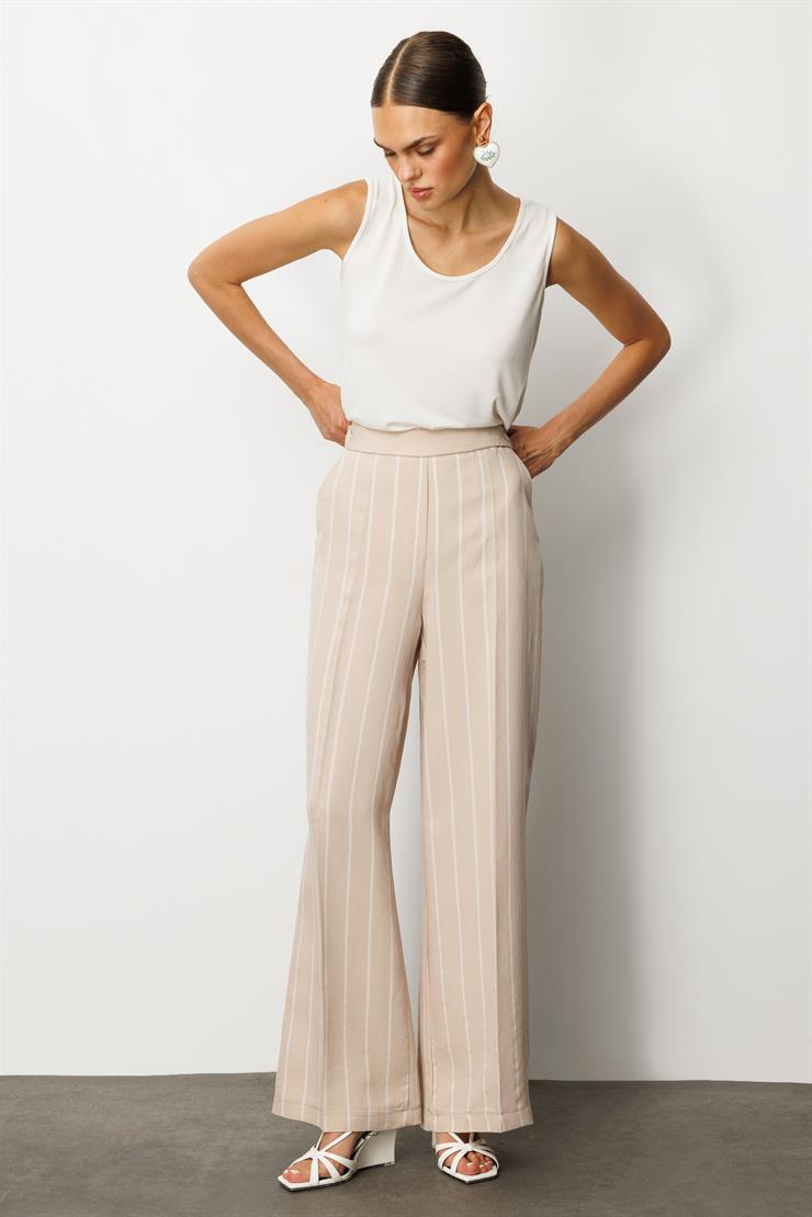 Modailgi  Kemeri Düğme Detaylı Yandan Cepli Bol Kesim Çizgili Pantolon - 71003 Taş