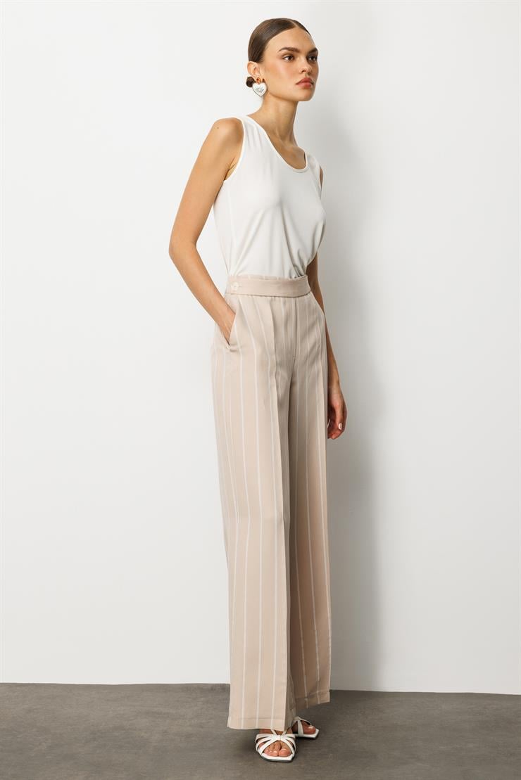 Modailgi  Kemeri Düğme Detaylı Yandan Cepli Bol Kesim Çizgili Pantolon - 71003 Taş