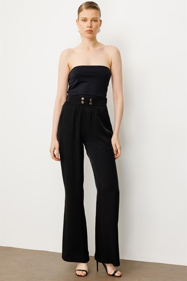 Modailgi  Kemeri Lastikli Beli Büzgülü Çakma Trok Detaylı Yandan Cepli Pantolon - 10047 Siyah