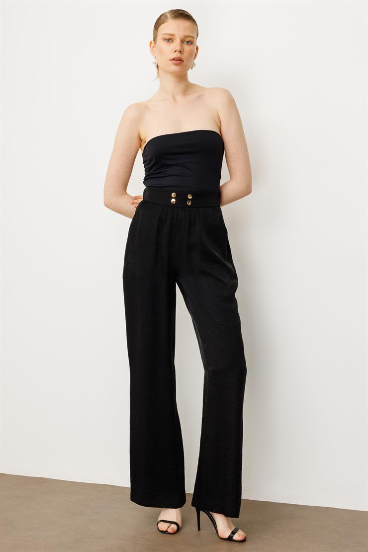 Modailgi  Kemeri Lastikli Beli Büzgülü Çakma Trok Detaylı Yandan Cepli Pantolon - 10047 Siyah