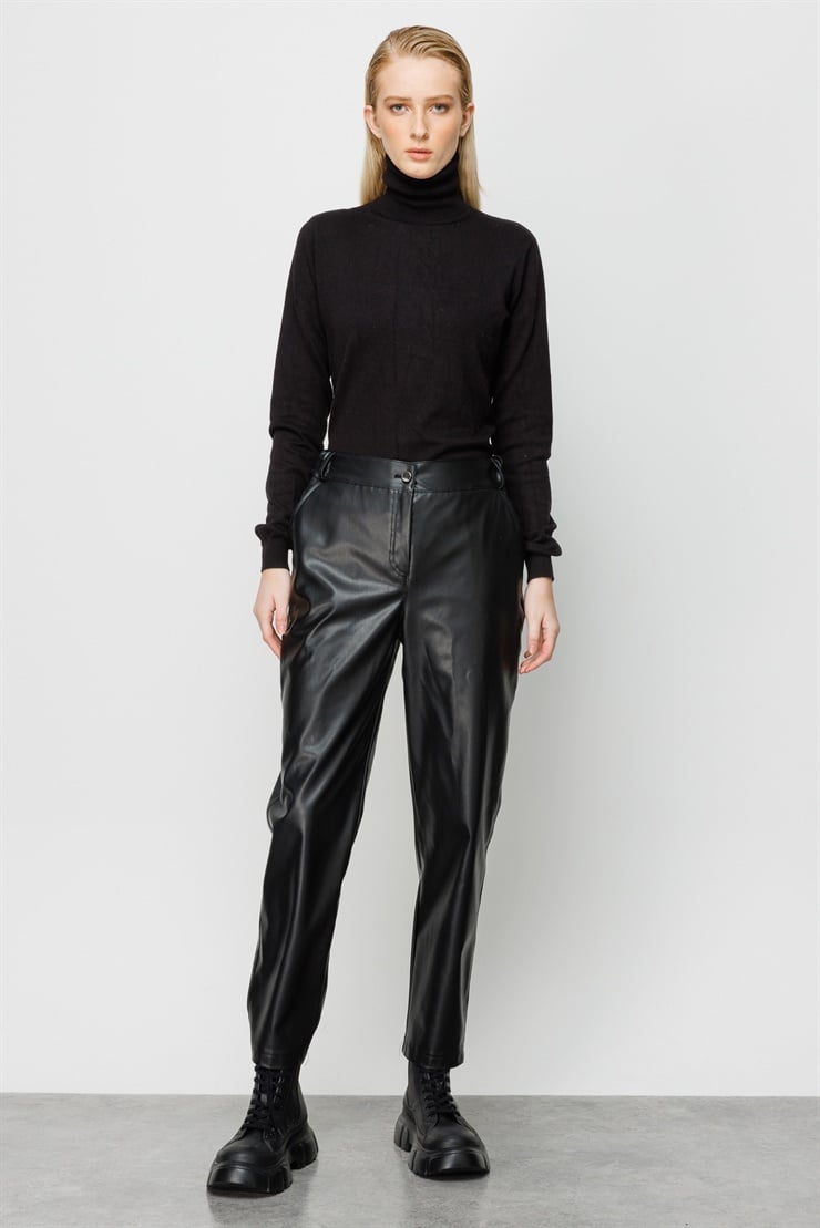 Modailgi  Kemeri Lastikli Deri Pantolon Siyah