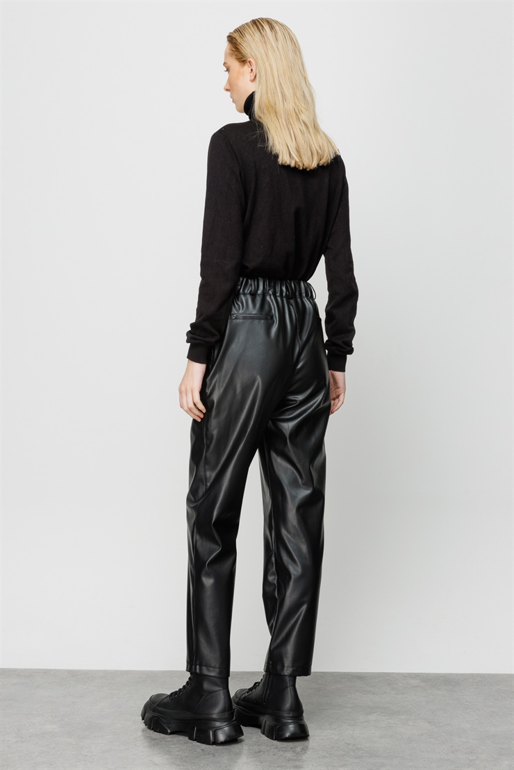 Modailgi  Kemeri Lastikli Deri Pantolon Siyah