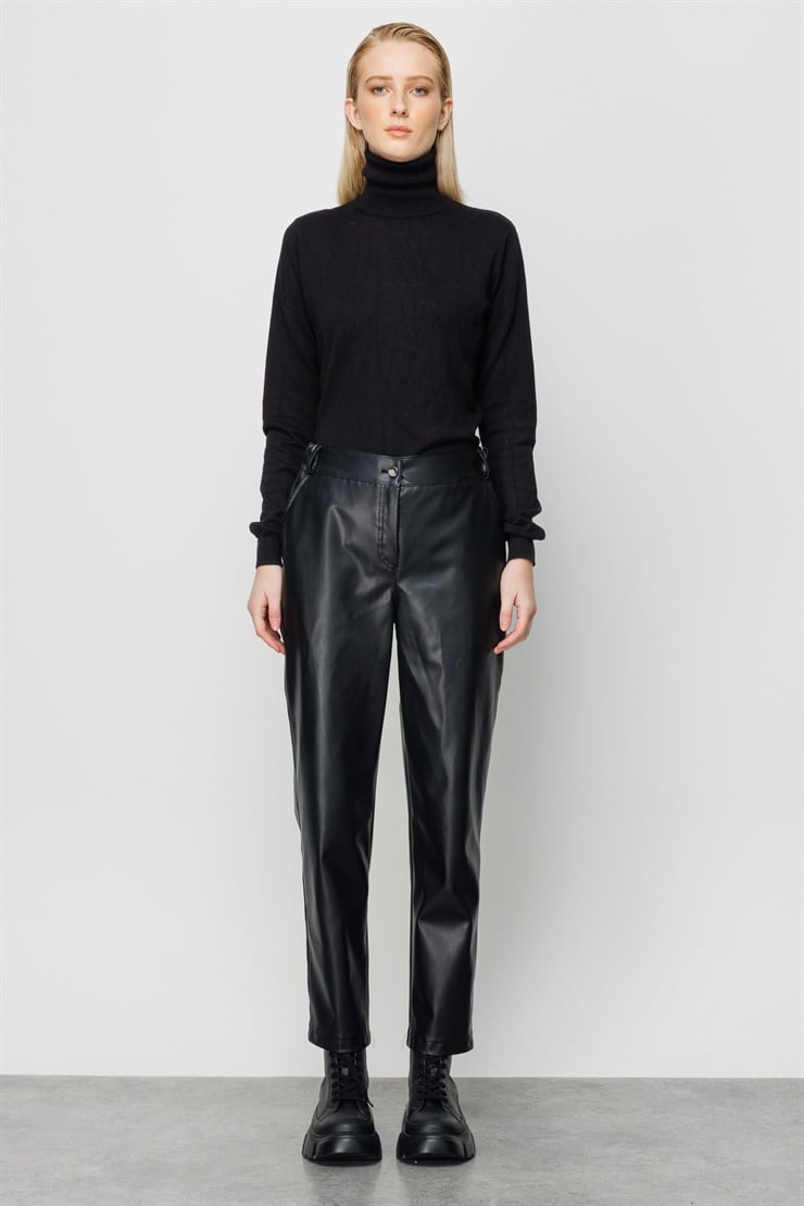 Modailgi  Kemeri Lastikli Deri Pantolon Siyah