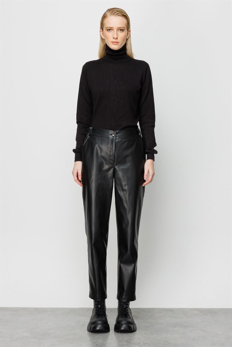 Modailgi  Kemeri Lastikli Deri Pantolon Siyah