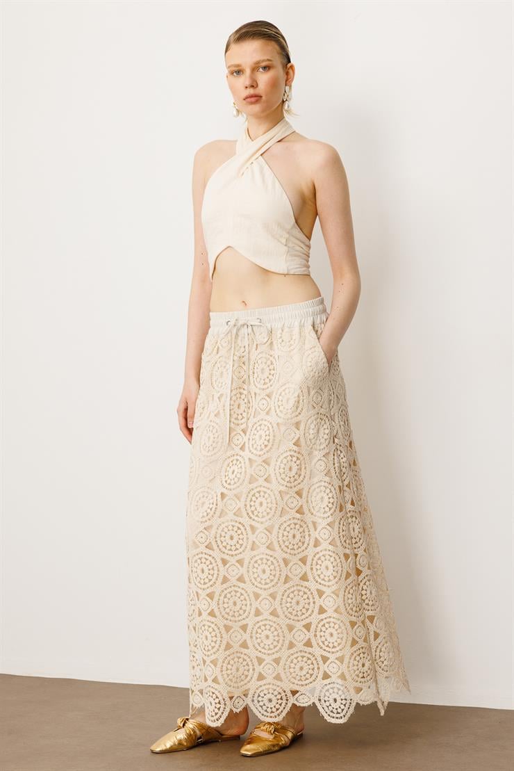 Modailgi  Kemeri Lastikli ve Bağcıklı Uzun Güpür Etek Taş