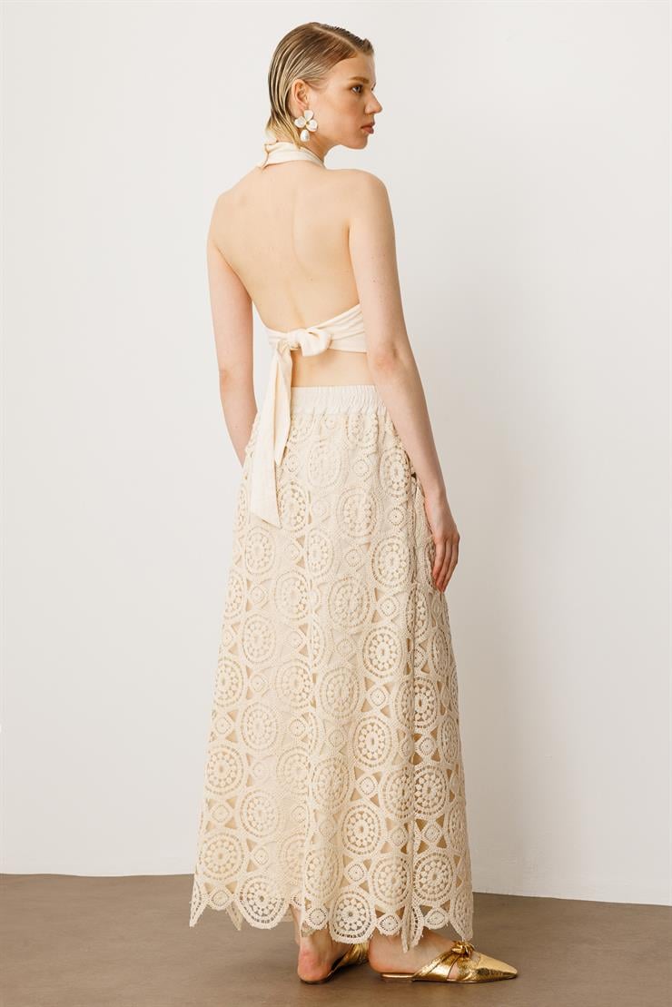 Modailgi  Kemeri Lastikli ve Bağcıklı Uzun Güpür Etek Taş