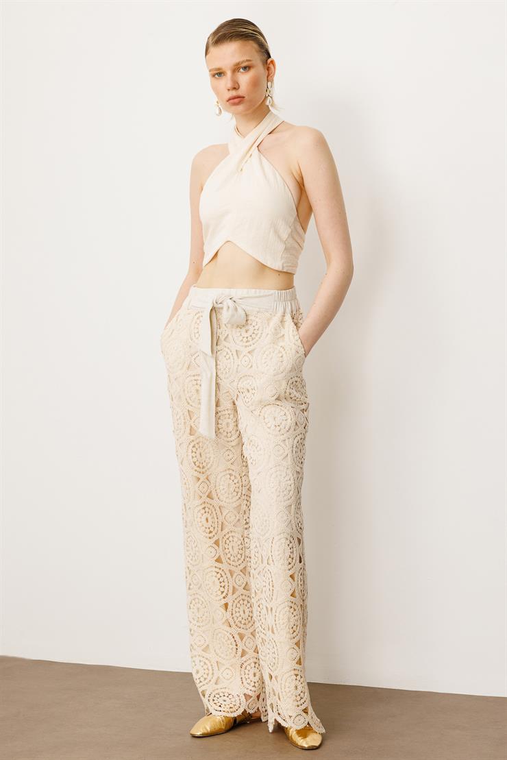 Modailgi  Kemeri Lastikli ve Kuşaklı Güpür Pantolon Taş