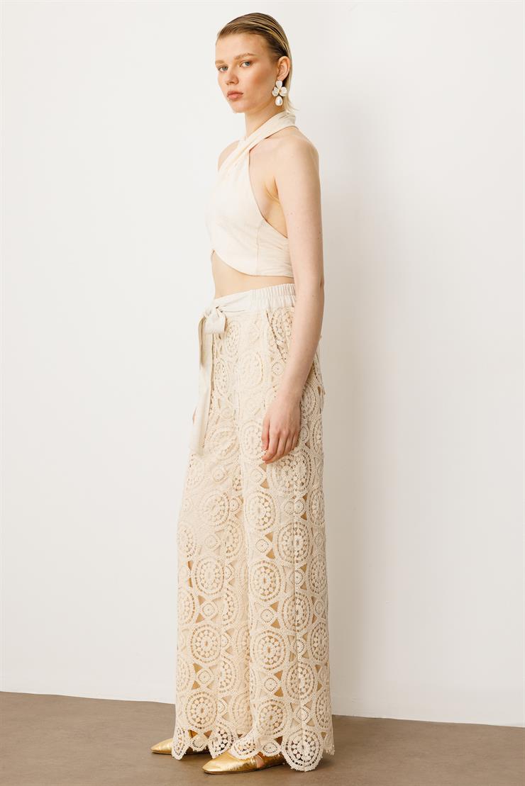 Modailgi  Kemeri Lastikli ve Kuşaklı Güpür Pantolon Taş