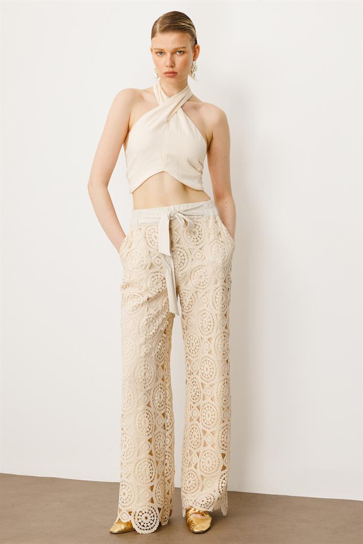 Modailgi  Kemeri Lastikli ve Kuşaklı Güpür Pantolon Taş