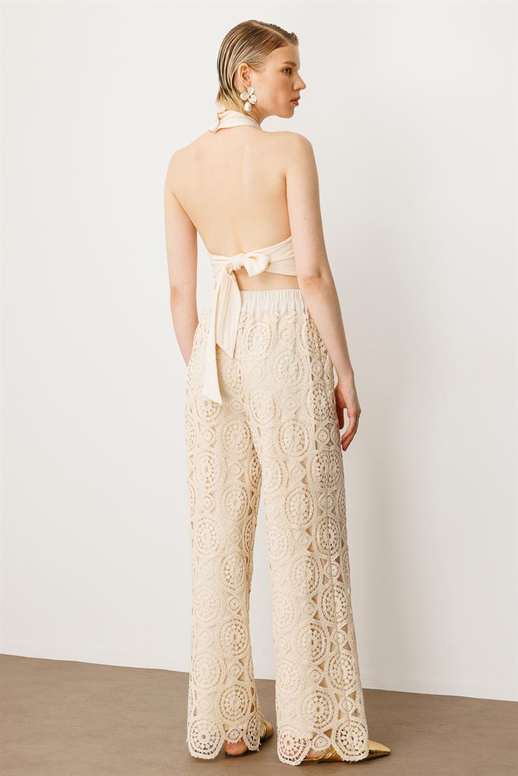 Modailgi  Kemeri Lastikli ve Kuşaklı Güpür Pantolon Taş