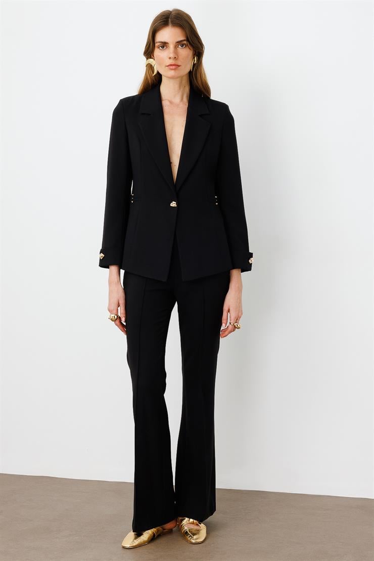 Modailgi  Kemeri Metal Aksesuarlı İspanyol Paça Pantolon - 7598 Siyah