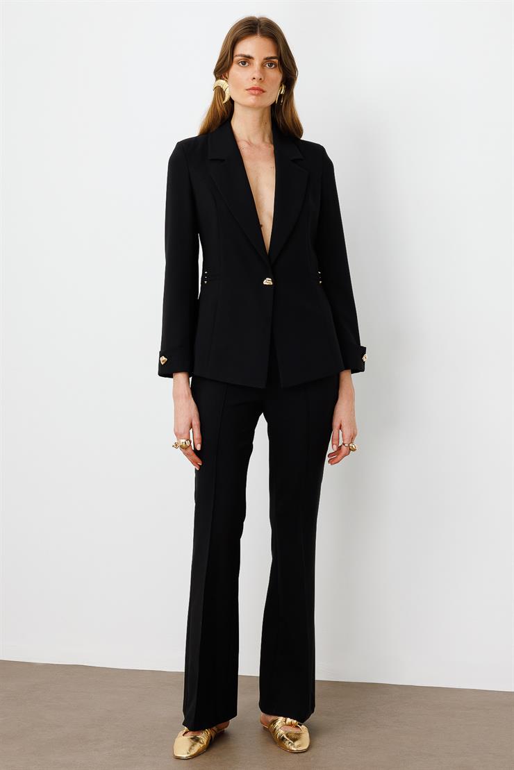 Modailgi  Kemeri Metal Aksesuarlı İspanyol Paça Pantolon - 7598 Siyah