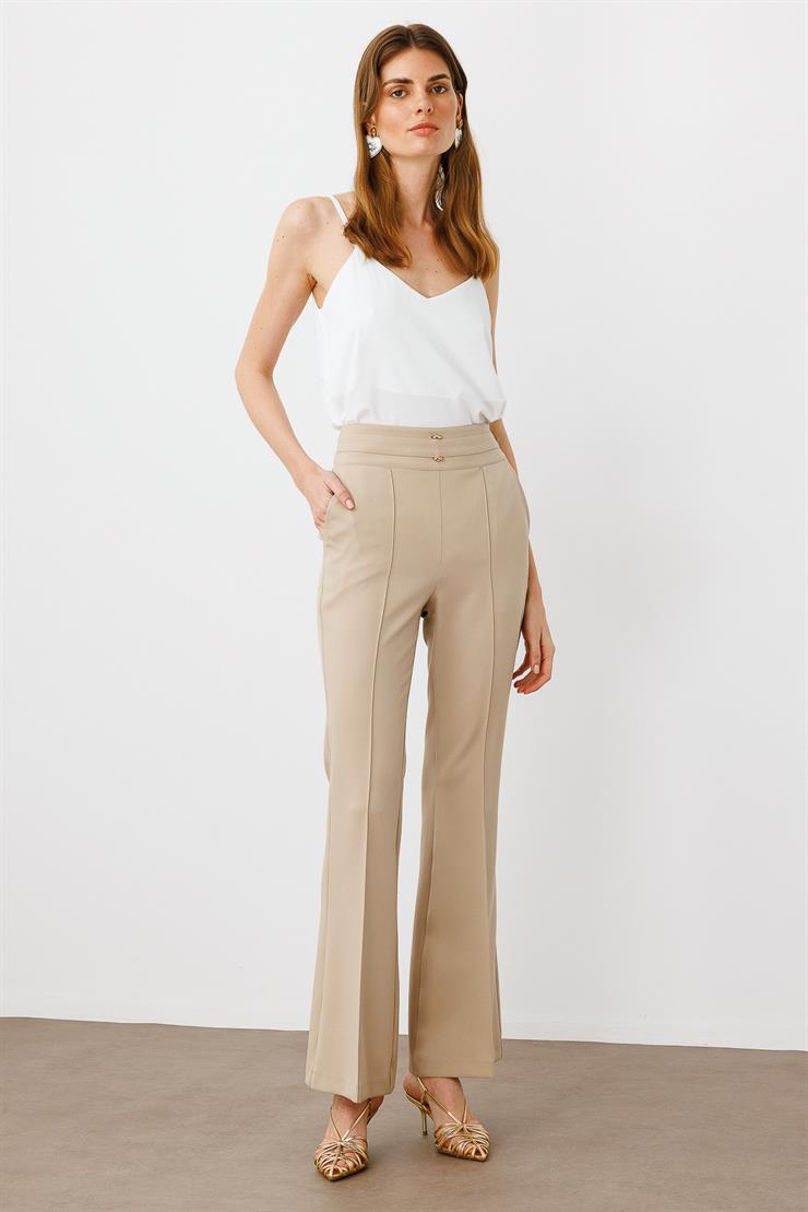 Modailgi  Kemeri Metal Aksesuarlı İspanyol Paça Pantolon - 7598 Taş