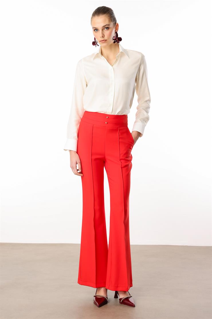 Modailgi  Kemeri Metal Aksesuarlı İspanyol Paça Pantolon - 7598 Mercan