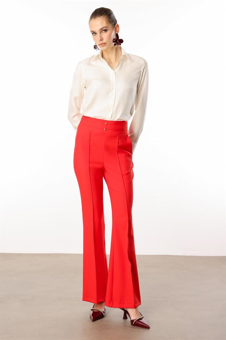 Modailgi  Kemeri Metal Aksesuarlı İspanyol Paça Pantolon - 7598 Mercan