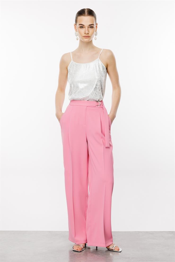 Modailgi  Kemeri Metal Toka ve Kuşaklı Pileli Pantolon - 7571 Pembe
