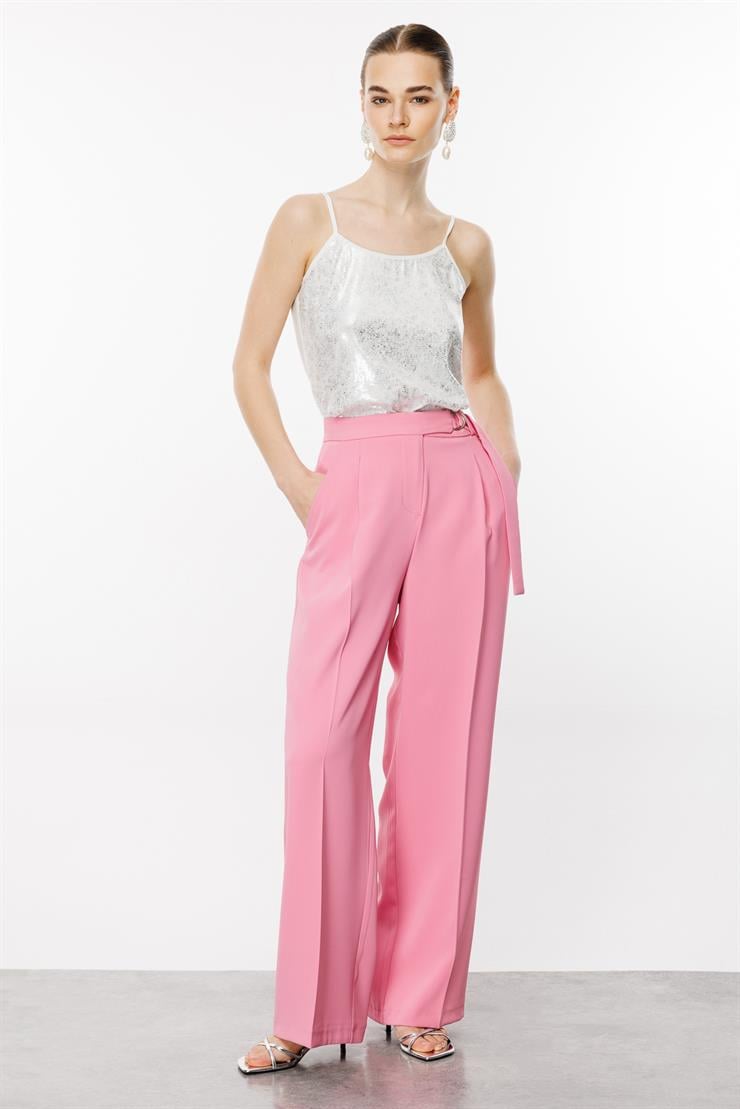 Modailgi  Kemeri Metal Toka ve Kuşaklı Pileli Pantolon - 7571 Pembe