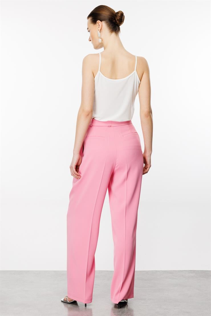 Modailgi  Kemeri Metal Toka ve Kuşaklı Pileli Pantolon - 7571 Pembe