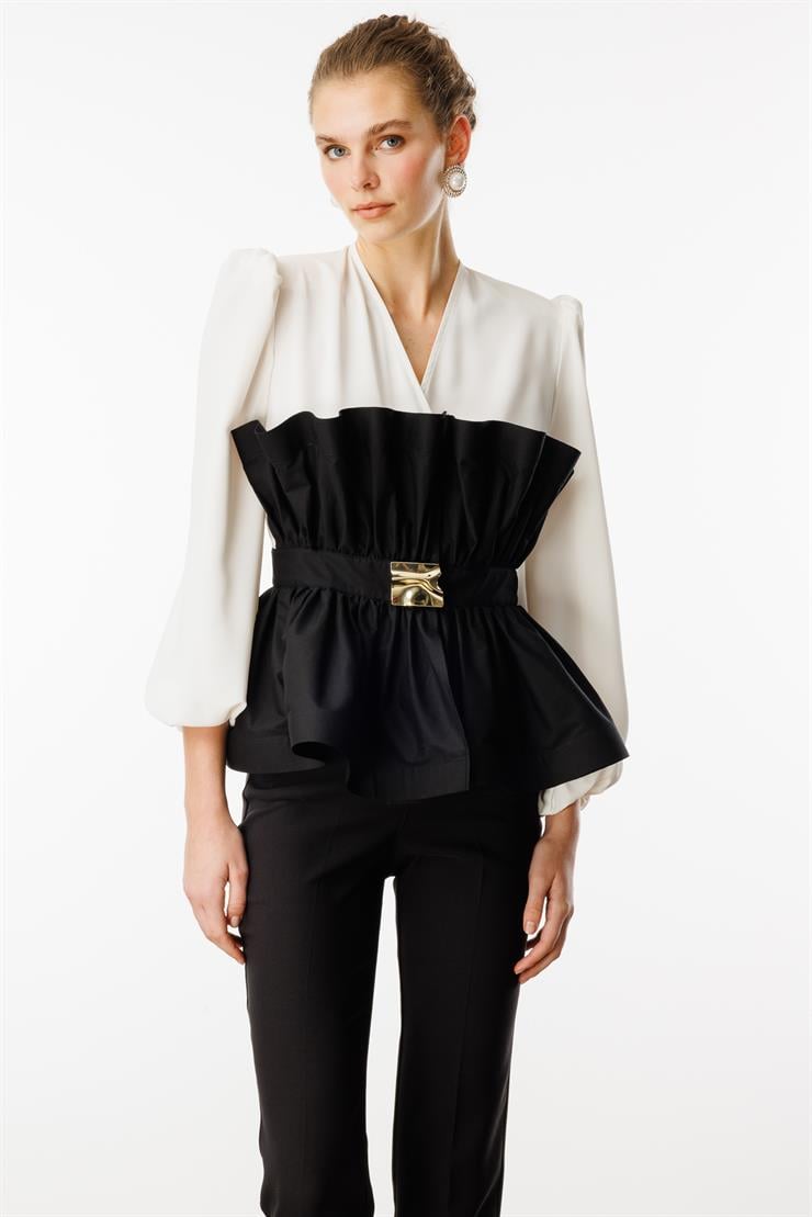 Modailgi  Kemeri Metal Tokalı Koton Kumaş Garnili Büzgülü Volanlı Bluz Ekru