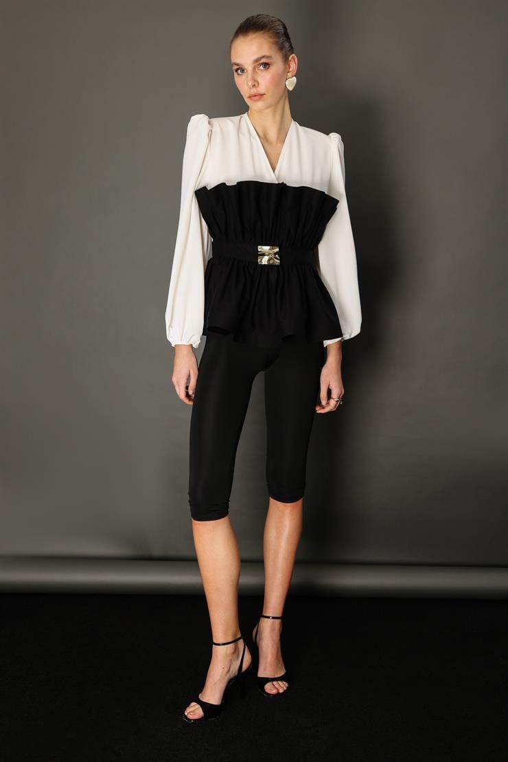 Modailgi  Kemeri Metal Tokalı Koton Kumaş Garnili Büzgülü Volanlı Bluz Ekru