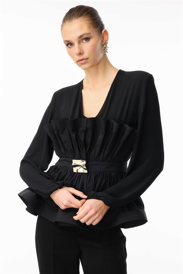 Modailgi  Kemeri Metal Tokalı Koton Kumaş Garnili Büzgülü Volanlı Bluz Siyah