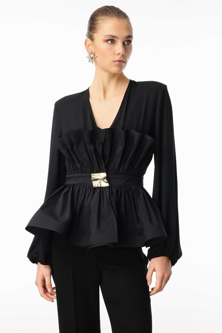 Modailgi  Kemeri Metal Tokalı Koton Kumaş Garnili Büzgülü Volanlı Bluz Siyah