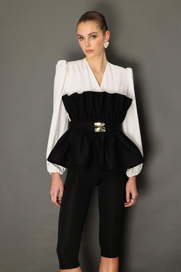 Modailgi  Kemeri Metal Tokalı Koton Kumaş Garnili Büzgülü Volanlı Bluz Ekru