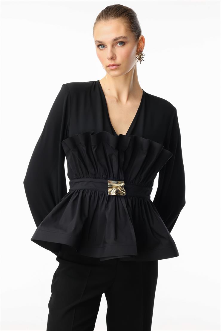 Modailgi  Kemeri Metal Tokalı Koton Kumaş Garnili Büzgülü Volanlı Bluz Siyah