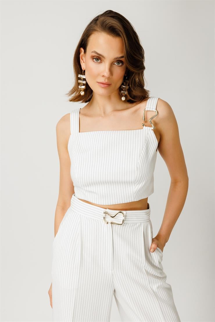 Modailgi  Kemeri Tokalı Yandan Fermuarlı Çizgili Pantolon Ekru