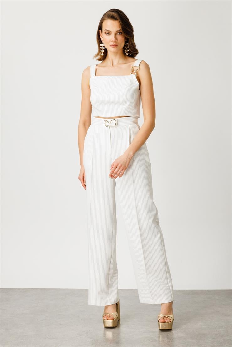 Modailgi  Kemeri Tokalı Yandan Fermuarlı Çizgili Pantolon Ekru