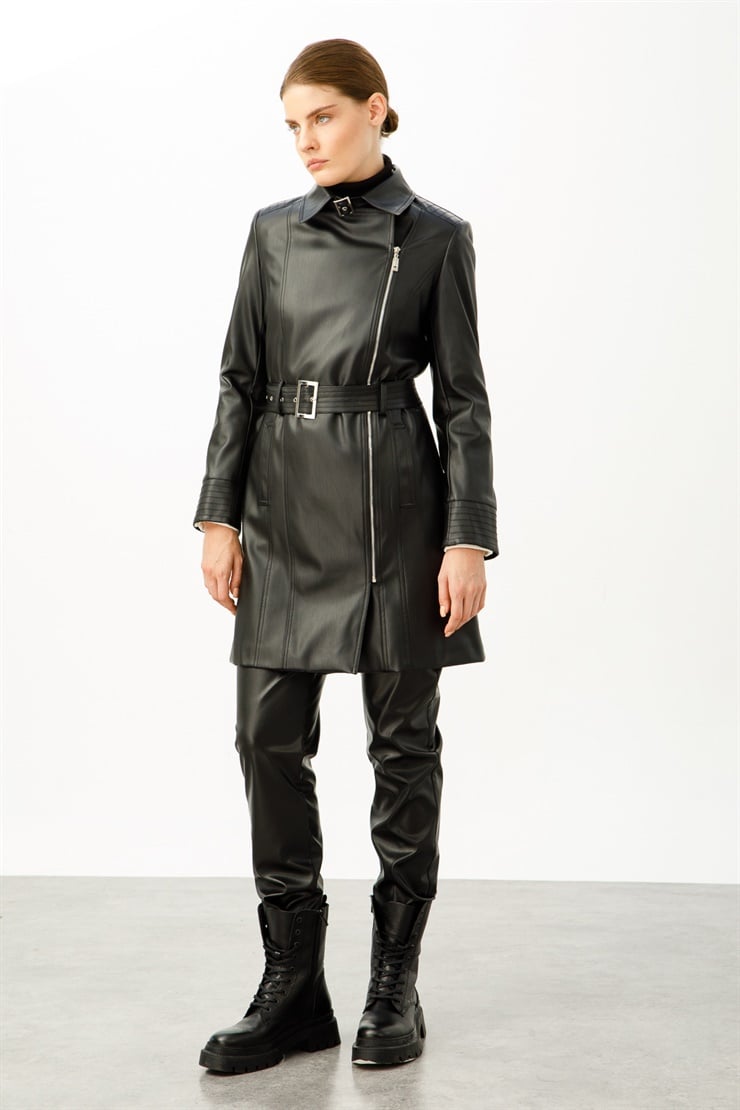 Modailgi  Kemerli Deri Trenç Siyah