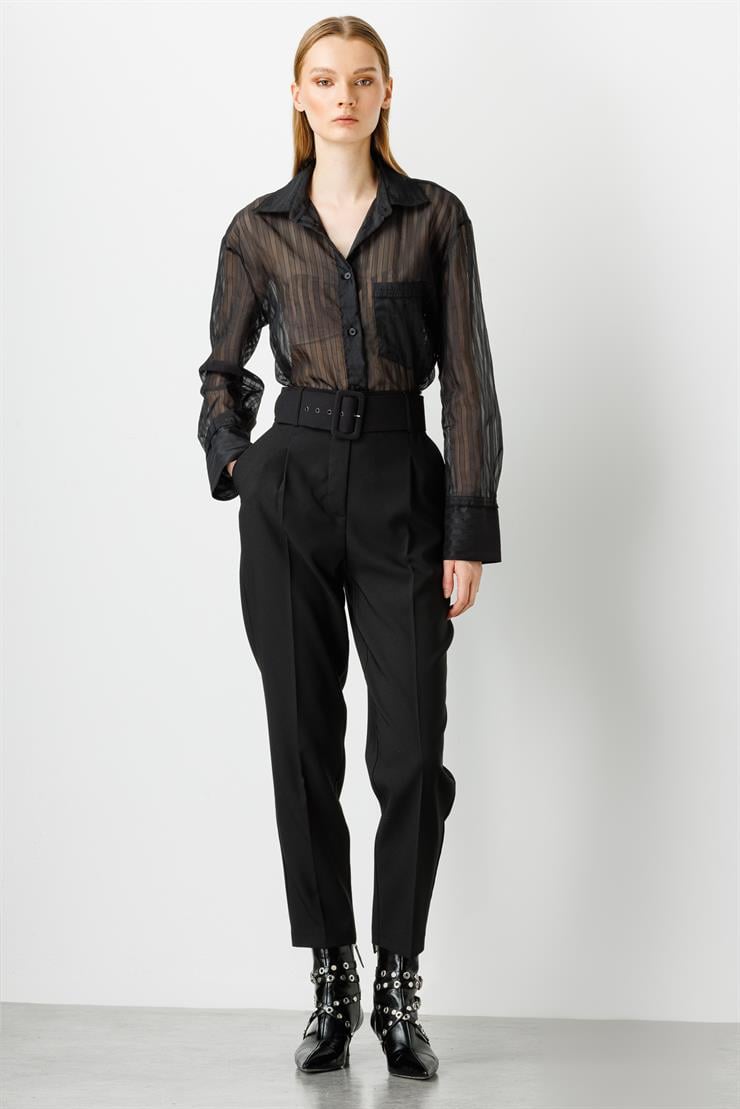 Modailgi  Kemerli Pile Detaylı Yüksek Bel Pantolon Siyah