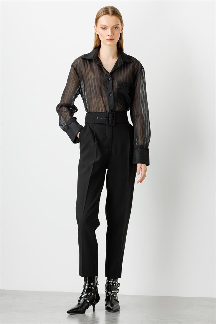 Modailgi  Kemerli Pile Detaylı Yüksek Bel Pantolon Siyah