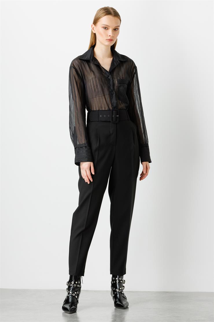 Modailgi  Kemerli Pile Detaylı Yüksek Bel Pantolon Siyah