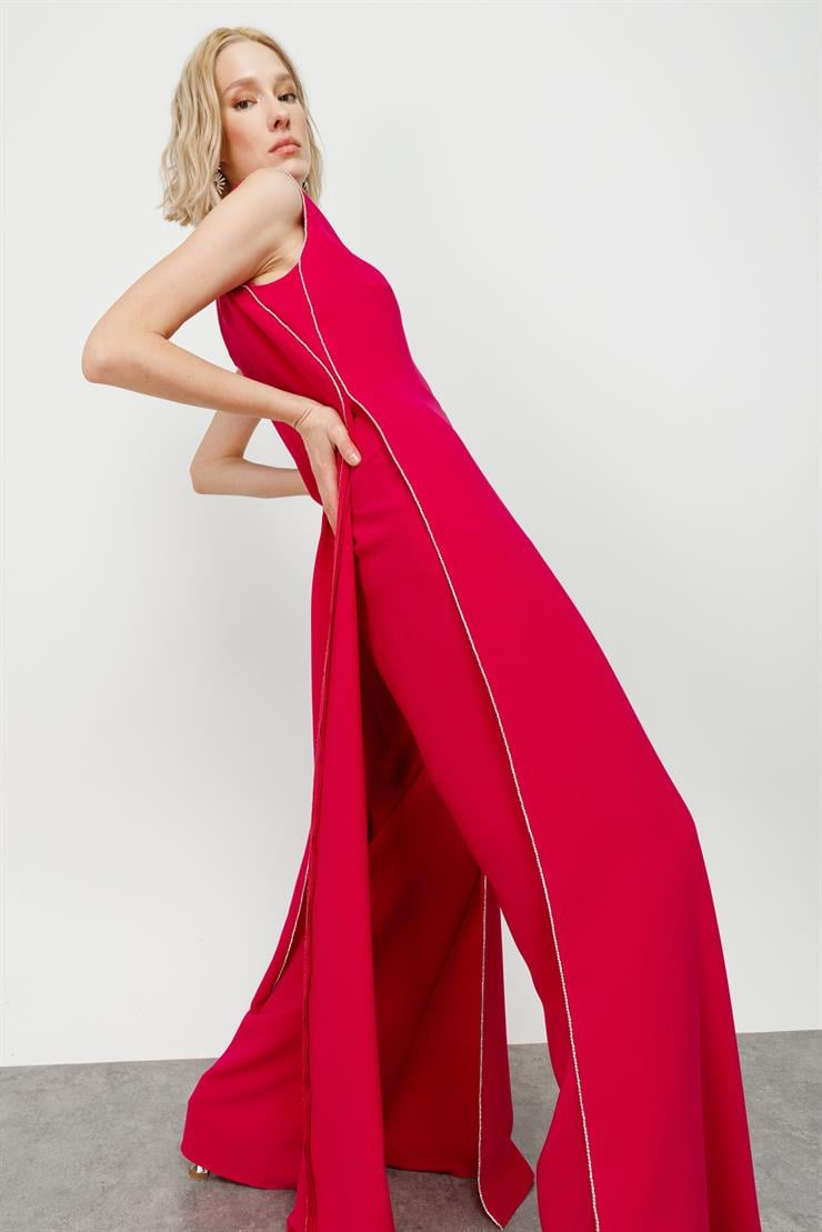 Modailgi  Kenarları Taş Şeritli Tulum Fuşya