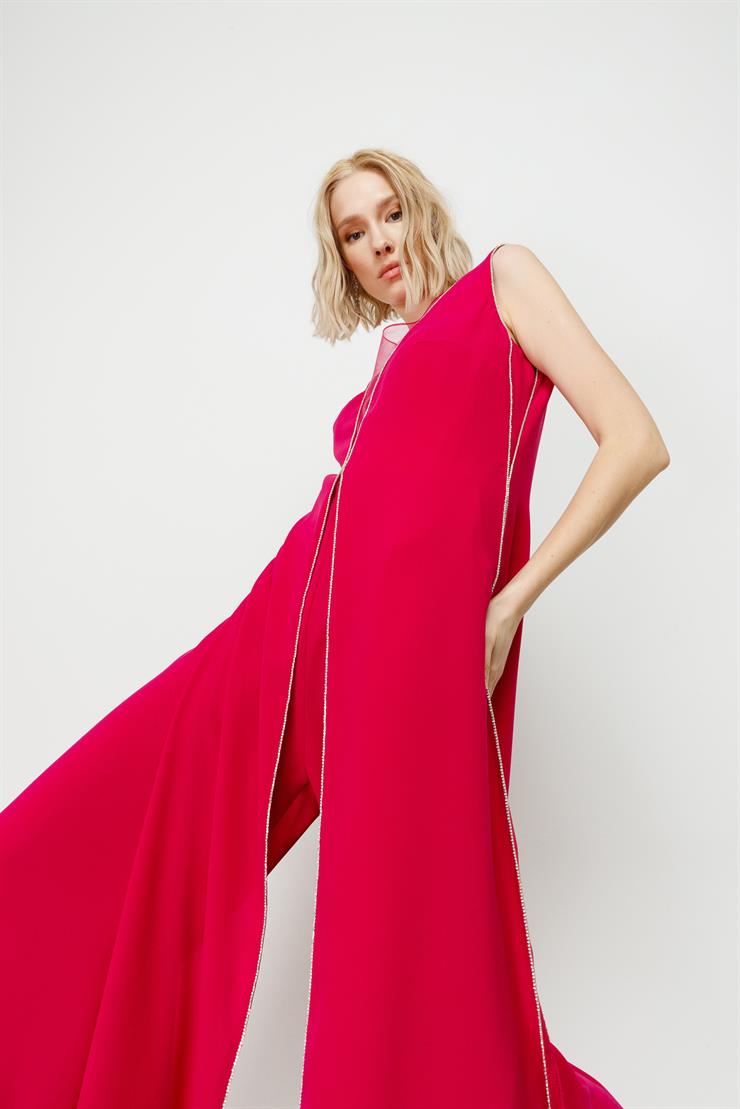 Modailgi  Kenarları Taş Şeritli Tulum Fuşya