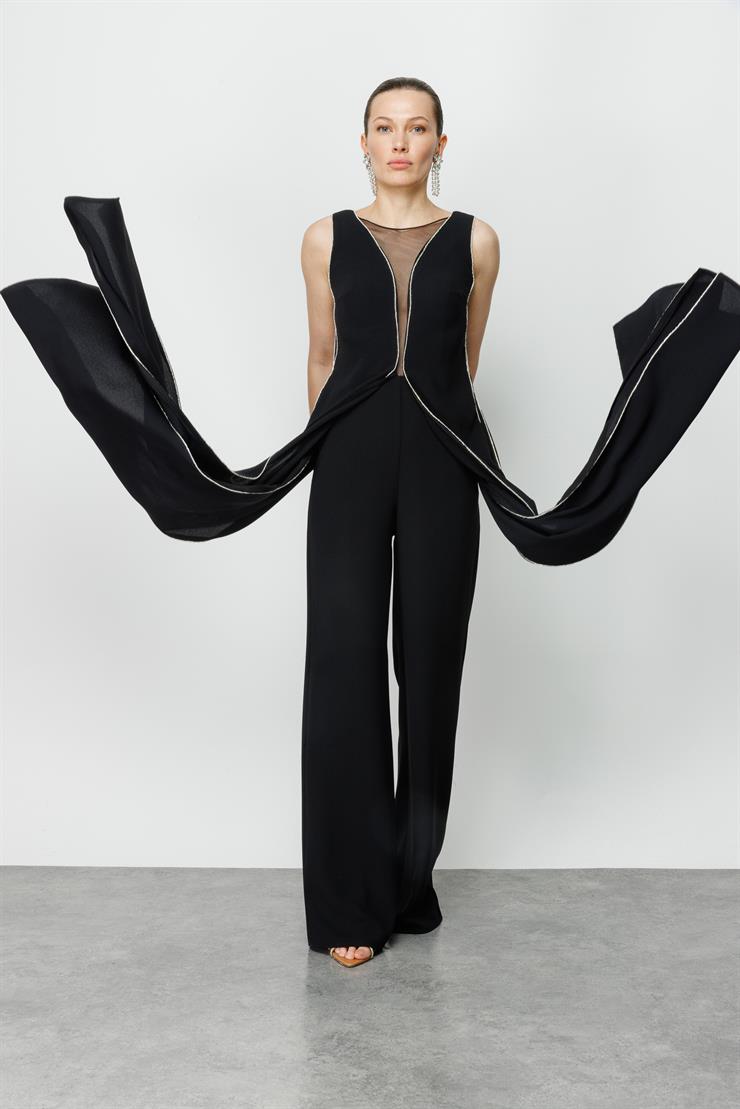 Modailgi  Kenarları Taş Şeritli Tulum Siyah