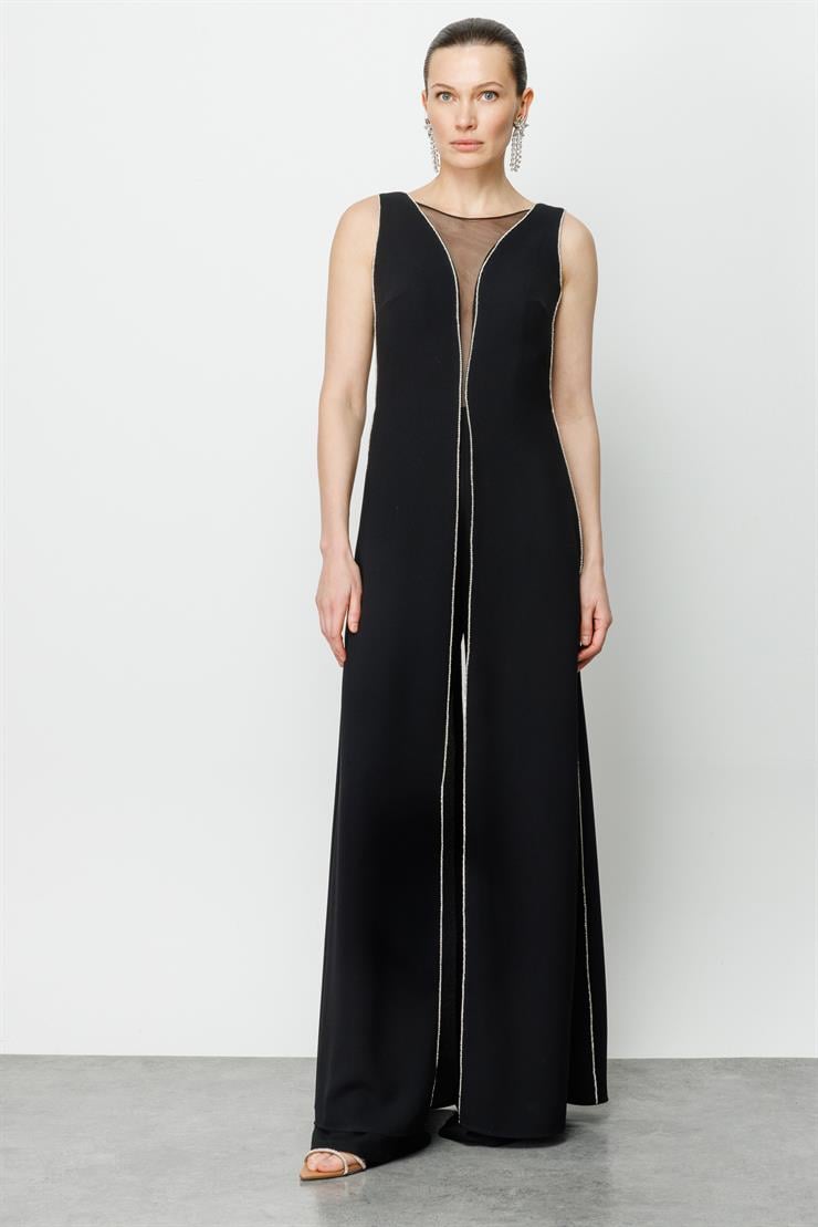 Modailgi  Kenarları Taş Şeritli Tulum Siyah