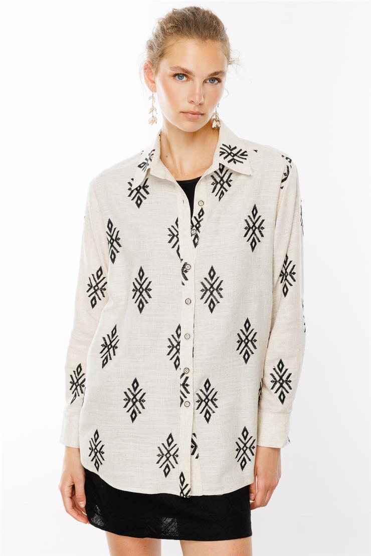 Modailgi  Kilim Desen İkili Keten Gömlek Keten