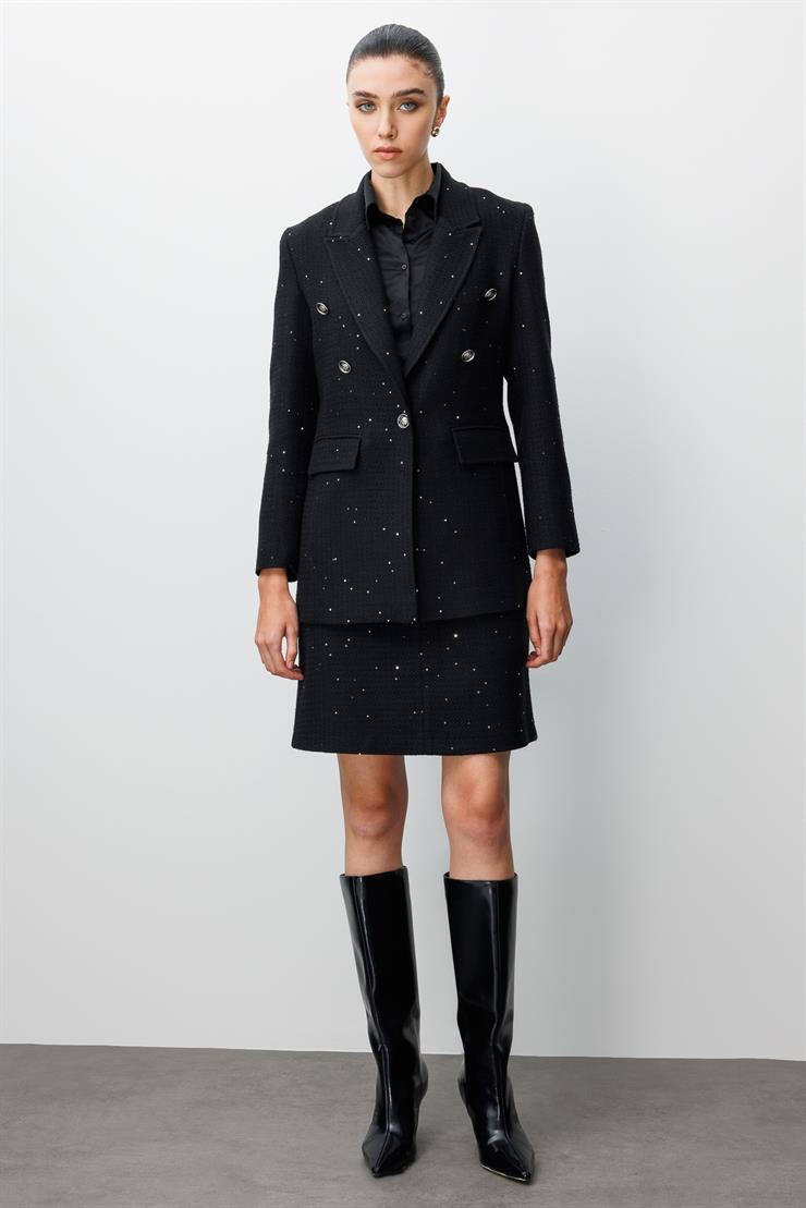 Modailgi  Kırlangıç Yaka Düğme Detaylı Astarlı Rahat Formlu Ceket Siyah