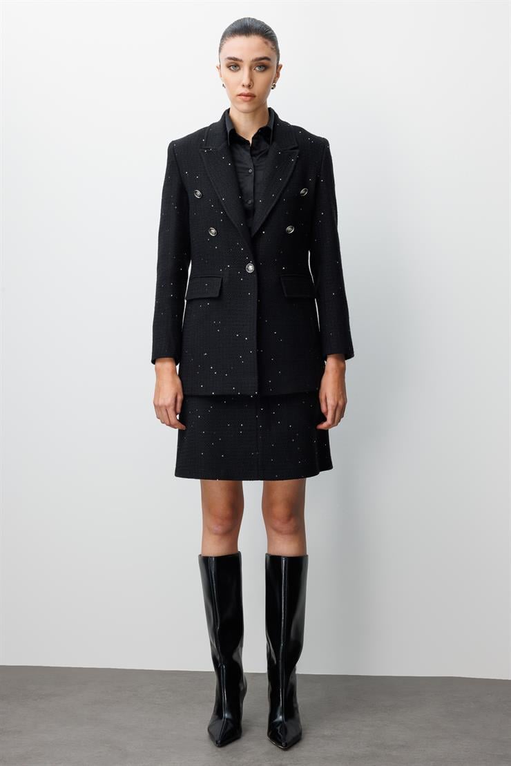 Modailgi  Kırlangıç Yaka Düğme Detaylı Astarlı Rahat Formlu Ceket Siyah