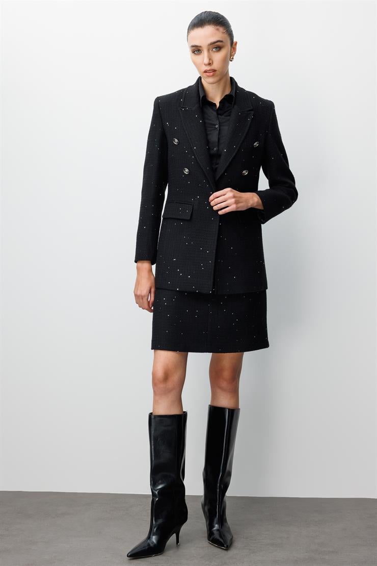 Modailgi  Kırlangıç Yaka Düğme Detaylı Astarlı Rahat Formlu Ceket Siyah