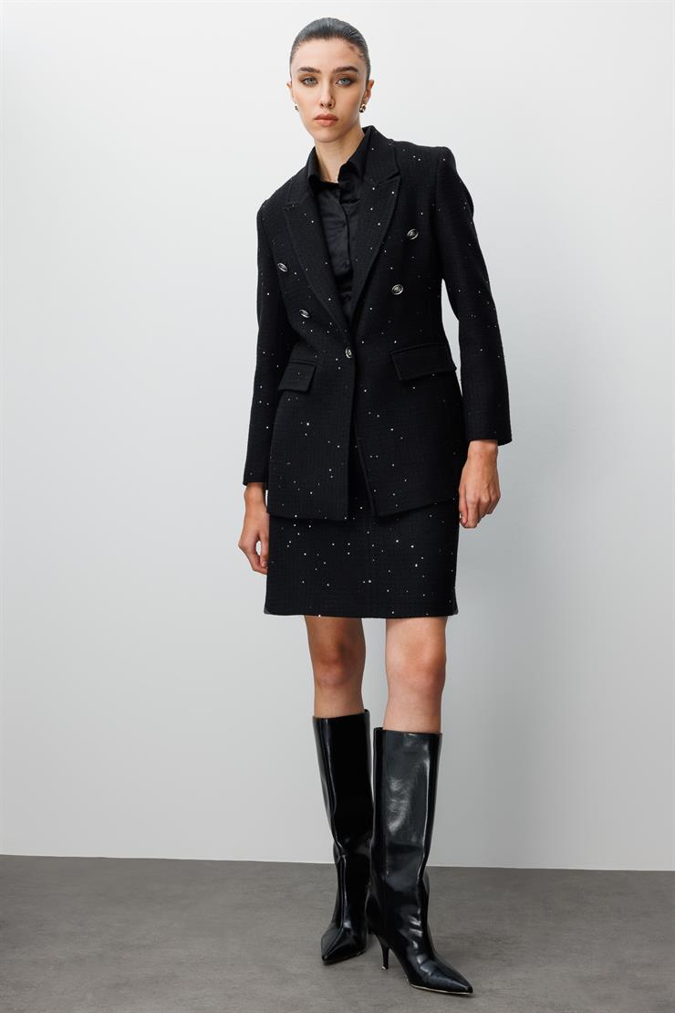 Modailgi  Kırlangıç Yaka Düğme Detaylı Astarlı Rahat Formlu Ceket Siyah